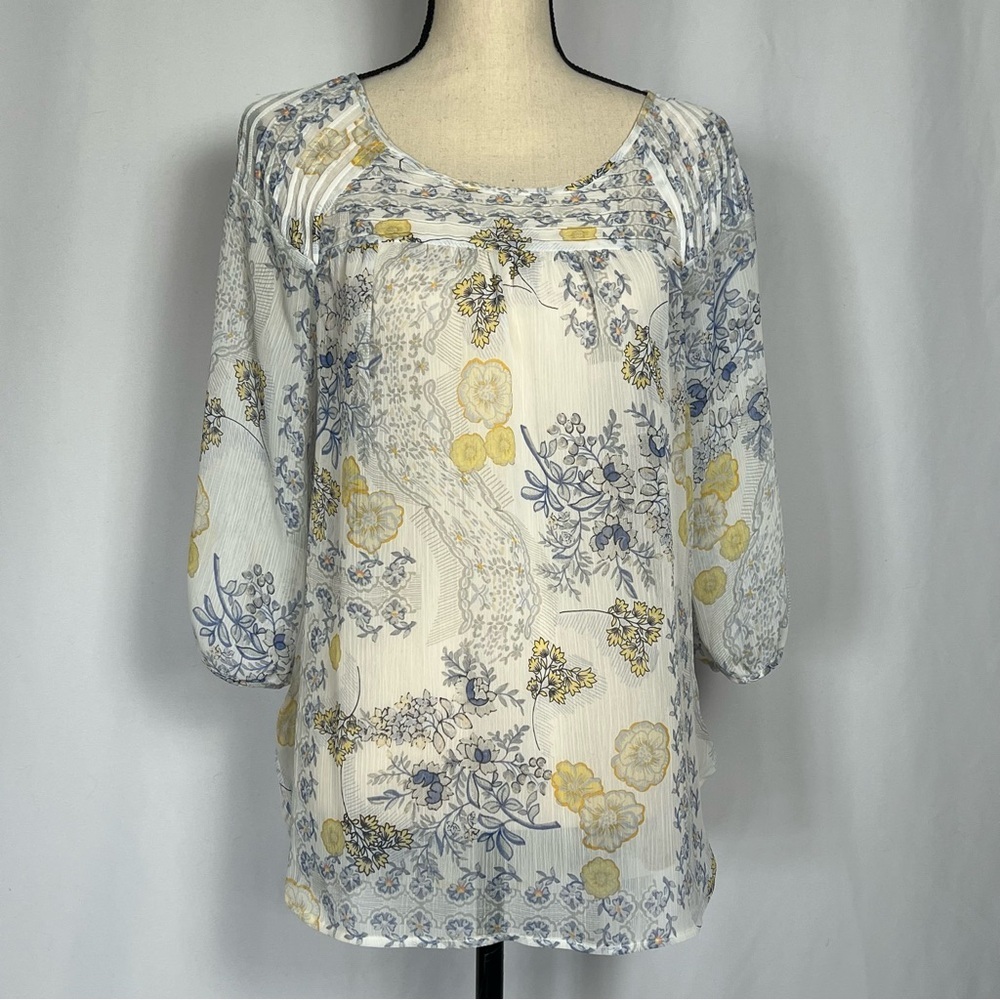 LC Lauren Conrad Gray and Yellow Relaxed Sheer Tunic Blouse